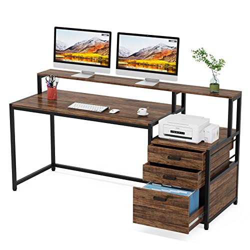 Tribesigns 63 Inch Computer Desk with File Drawer Cabinet, Ergonomic Desk - color: Rustic Brown