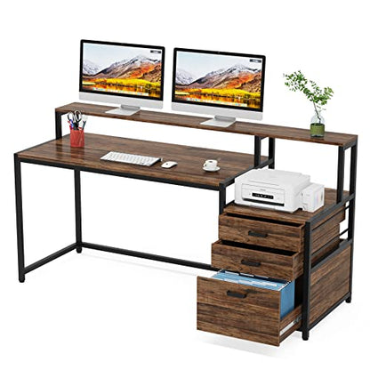 Tribesigns 63 Inch Computer Desk with File Drawer Cabinet, Ergonomic Desk - color: Rustic Brown