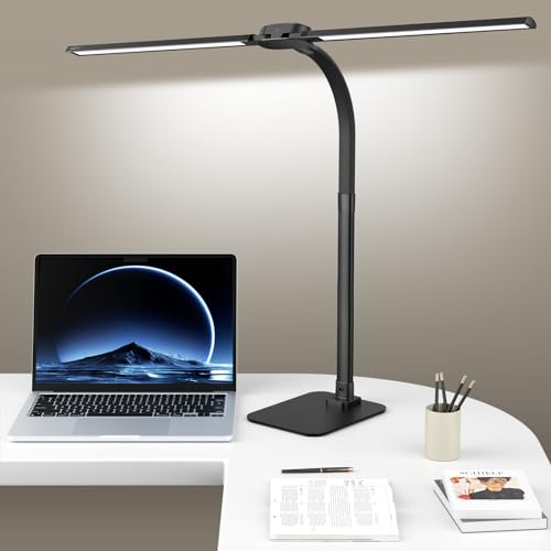 24W LED Desk Lamp for Home Office, 1500lm Dual Head Task Light with Remote | Tall Architect Lamps for Reading, USB Charging Port, Eye Caring, Dimmable 5 Color Modes, Adjustable Gooseneck, Timer, Base - color: 360-Black-1