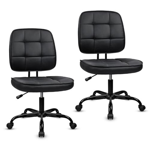 CLATINA Home Office Chair No Arms with Wheels, Armless Small Leather Ergonomic Low Back Desk Chairs Adjustable Height 360° Swivel Rolling Computer Task Chair for Work Conference Room, Black, 2 Pack - color: Black-heihbao, size: 2 Pack