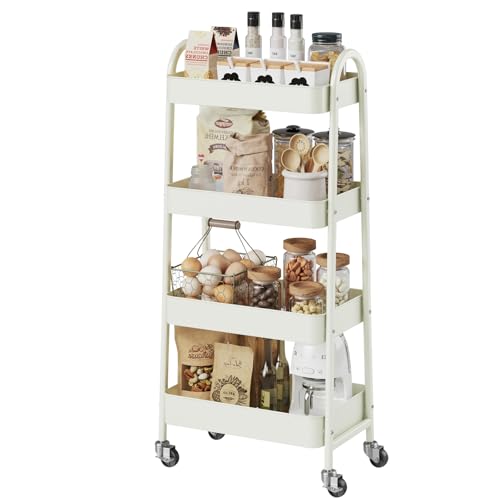 DUMOS 4 Tiers Rolling Utility Cart, Storage Organizer, Shelving Unit | Metal, Lockable Wheels, Mobile, Kitchen, Bathroom, Laundry, Narrow Places, White - color: 4-tier White