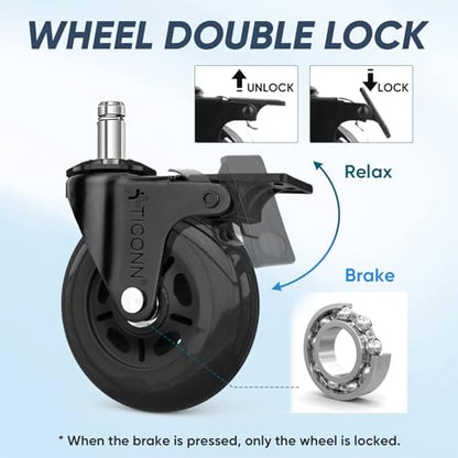 TICONN Office Chair Caster Wheels Set of 5 for Tile, Hardwood Floors and Carpets, Universal Fit for Most Chairs (Black with Brake) - style: Black with Brake