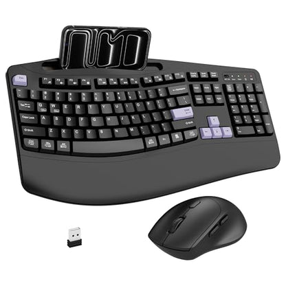 Wireless Keyboard and Mouse Combo, Full Size Ergonomic Wave Keys(Purple-B) - color: Purple Black