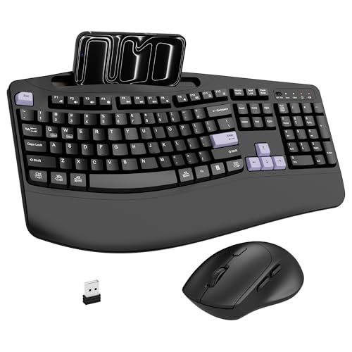 Wireless Keyboard and Mouse Combo, Full Size Ergonomic Wave Keys(Purple-B) - color: Purple Black