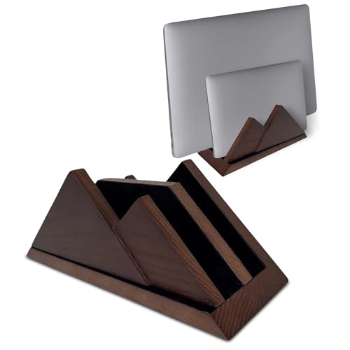 Dual Laptop Holder Vertical Stand 2 Slots Wooden - Dark Brown (Walnut Color) - Vertical Holder for Desk, MacBook Pro & Air, Desktop Organizer Made of Natural Wood, Adjustable Stand for Notebooks - color: Dark Brown