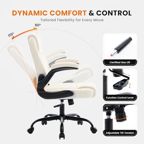 Executive Office Chair with Lumbar Support & Flip-up Arms, Beige | Ergonomic Desk Chair, 90–115° Tilt & Rocking, 20.1" Wide Seat, PU Leather, for Home Offices & Conference Rooms, 300Lbs - color: Beige