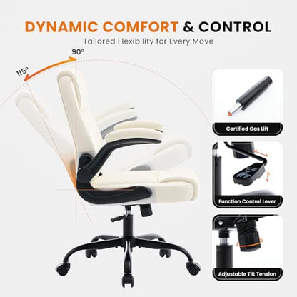 Executive Office Chair with Lumbar Support & Flip-up Arms, Beige | Ergonomic Desk Chair, 90–115° Tilt & Rocking, 20.1" Wide Seat, PU Leather, for Home Offices & Conference Rooms, 300Lbs - color: Beige