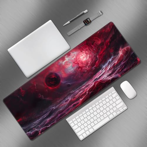 Large Red Cool Gaming Mouse Pad,Wave Abstract Art Desk Mat,31.5x12in | XL Extended Dark Style Blood Moon Scarlet Sea E-sports Keyboard Mat with Stitched Edges for Men,80 x 30 cm - color: Red Abstract Art