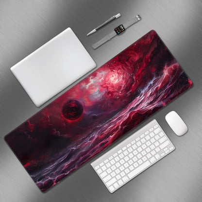 Large Red Cool Gaming Mouse Pad,Wave Abstract Art Desk Mat,31.5x12in | XL Extended Dark Style Blood Moon Scarlet Sea E-sports Keyboard Mat with Stitched Edges for Men,80 x 30 cm - color: Red Abstract Art