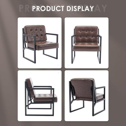 COLAMY Mid Century Modern Accent Chair, Comfy Living Room Chairs, Brown Leather Accent Chair, Faux Leather Reception Armchair with Metal Legs for Living Room Bedroom Reception Waiting Room, Brown - color: Brown, size: Set of 1