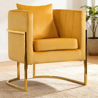 Velvet Accent Chair, Modern Barrel Arm Chair for Living Room/Bedroom/Guest Reception, Upholstered Club Armchair with Pillow & Gold Base, Yellow - color: Yellow, size: 1 PC
