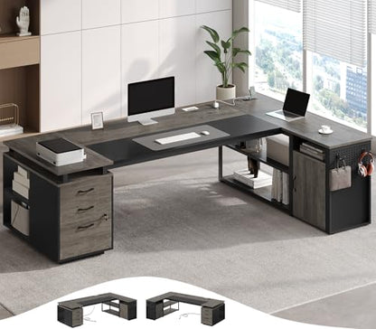 78" Executive Desk with Lockable File Cabinet, L Shaped Office Desk with Power Outlets, Large Executive Desk with Drawers and Storage Shelves , Reversible Computer Desk with Privacy Screen, Grey - color: Grey