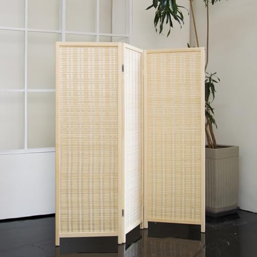3 Panel Short Room Divider – 3.9 ft Tall Double-Side Folding Privacy Screen, Natural Beige Bamboo Partition Wall for Home Office, Living Room & Corner Spaces - color: Beige, size: 3 Panel