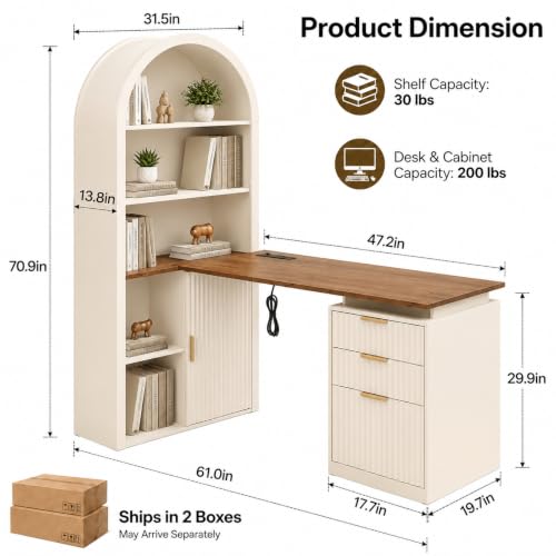 NORTHSKY 61" L Shaped Desk with Arched Hutch, White Corner Computer Desk with Power Outlets, 3 Drawers, File Cabinet and Sliding Door Storage for Home Office