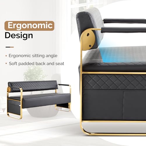 OmySalon Waiting Room Chairs with Arms, 57.5’’ Office Guest Chair upholstered Bench Seating, Reception Furniture for Beauty Salon Barbershop Airport Bank Hall Room Conference, Black&Gold