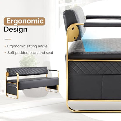 OmySalon Waiting Room Chairs with Arms, 57.5’’ Office Guest Chair upholstered Bench Seating, Reception Furniture for Beauty Salon Barbershop Airport Bank Hall Room Conference, Black&Gold