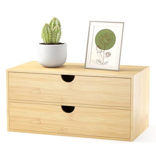 Bamboo Desk Organizer with Drawers, Desktop Storage Box for Office Supplies | 2 Drawers Desktop organizer, No Assembly Required, Natural Wood Wooden Desktop Drawers for Bills, Cosmetics, Seals, Paper - color: Natural-2 Drawers, size: 12.99”L x 7.48”W x 6.