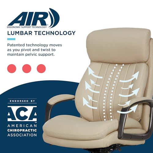 La-Z-Boy High-Back Ergonomic Office Chair, AIR Lumbar Support Leather Chair | Nova, 350lb Capacity Executive Task Chair, Padded Headrest & Arms, Layered Foam Seat Cushion, Swivel, Back Pain Relief, Cream - color: Cream