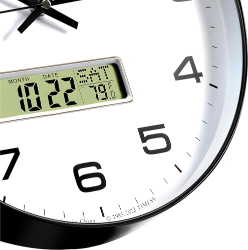 Wall Clock, 12" Dial Non-Ticking Silent Battery Operated Analog with LCD Display for Perpetual Calendar and F° Temperature, Ideal Modern Home, Bedroom, Kitchen, Office Decor (Black) | Perpetual calendar, Fahrenheit temperature, easy-to-read analog dial, b