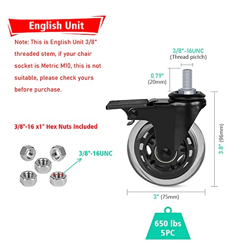 Hirate 3 inch Threaded 3/8"-16UNC Swivel Stem Casters with Brake | Set of 5 Lockable Wheels with Hex Nuts, Heavy Duty Caster Replacement for Office Chairs Home Furniture and Shelves, Carts
