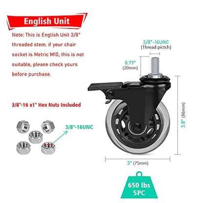 Hirate 3 inch Threaded 3/8"-16UNC Swivel Stem Casters with Brake | Set of 5 Lockable Wheels with Hex Nuts, Heavy Duty Caster Replacement for Office Chairs Home Furniture and Shelves, Carts