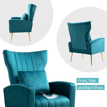Velvet Accent Chairs Set of 2, Modern Arm Chair with Wingback & Gold Metal Legs for Living Room, Bedroom, Waiting Room, Lumbar Pillow Included, Dark Teal - color: Teal, size: 2PCS with Channel Tufted
