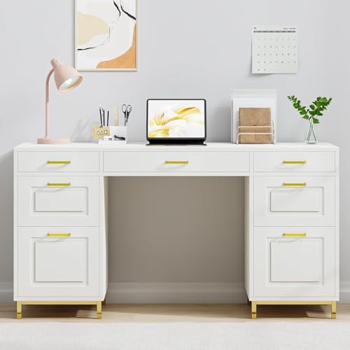 MaverickFurni 57" White and Gold Desk with 7 Drawers | Home Office Desk with 2 File Drawers, White Computer Desk with Specious Workspace for Work Writing Study - color: White