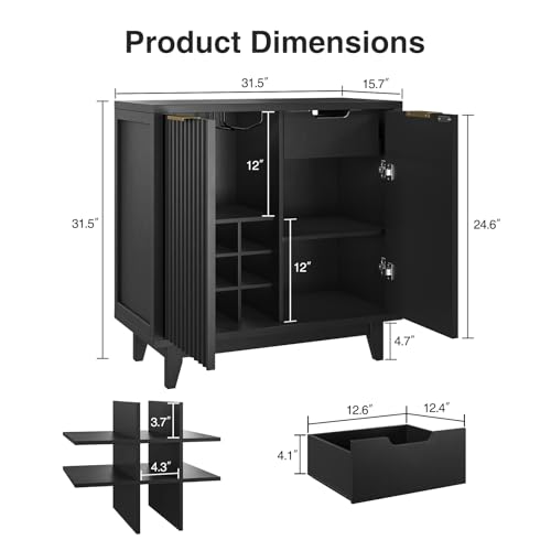 Fluted Coffee Bar Cabinet with Storage, Modern Sideboard Buffet Cabinet - color: Black, size: Coffee Bar - 15.7"D x 31.5"W x 31.5"H