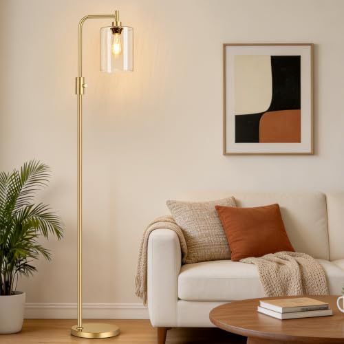 【Upgraded】 Dimmable Floor Lamp for Living Room with Seeded Glass Lampshade, Gold Modern Glass Floor Lamp with 900LM LED Bulb Included, Arc Standing Tall Lamp for Bedroom, Office, Reading Room, Corner - color: Seeded Glass-Gold