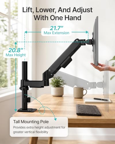 Single Monitor Arm for 17-32 Inch Screens, Holds up to19.8 lbs | Desk Monitor Mount with Clamp and Grommet Base,Gas Spring Monitor Stand,Full Motion Monitor Arms for Home Office - style: Single Monitor Arm