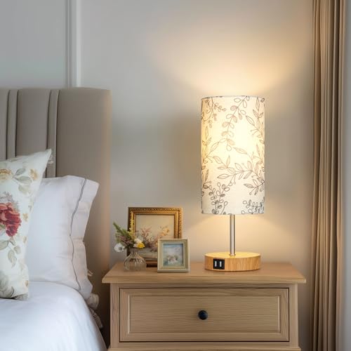 CINSARY Bedside Touch Lamps for Nightstand with 2 USB Charging Ports, 3 Way Dimmable Wood Bedroom Lamp with Flower Fabric Shade, Small Table Lamp for Living Room Reading Desk (LED Bulb Included) - color: Flower-3
