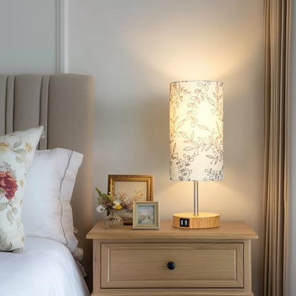 CINSARY Bedside Touch Lamps for Nightstand with 2 USB Charging Ports, 3 Way Dimmable Wood Bedroom Lamp with Flower Fabric Shade, Small Table Lamp for Living Room Reading Desk (LED Bulb Included) - color: Flower-3