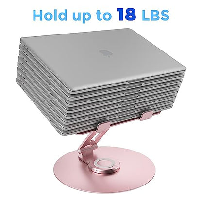 Swivel Laptop Stand for Desk, Adjustable Height Aluminum Computer Stand with 360 Rotating Base, Foldable Ergonomic Riser, Portable Laptop Holder Compatible with MacBook, All Laptops 10-17'', Pink - color: Pink