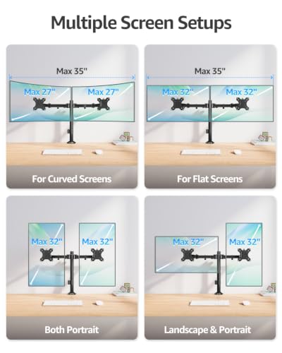 MOUNTUP Dual Monitor Desk Mount, Max 32 Inch up to 17.6lbs, Fully Adjustable Dual Monitor Arm for 2 LCD Screens, Double Monitor Stand with C-Clamp and Grommet Base - size: Dual
