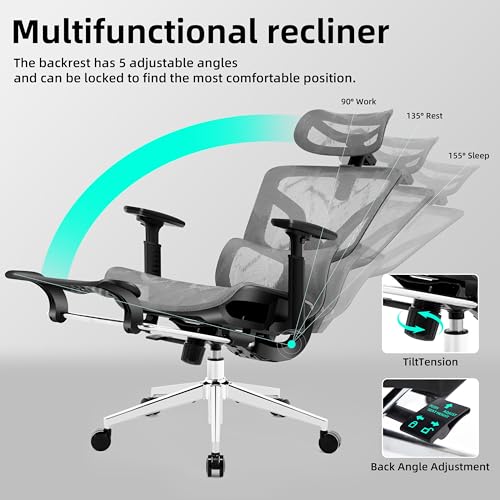 Ergonomic Office Chair with Footrest 4-Level Adjustable Lumbar Suppor - color: Black-deep Gray