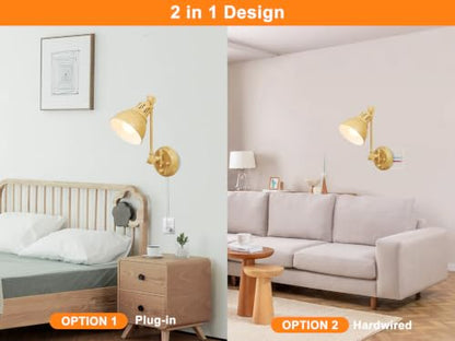 GOODATE 2 Pack Plug in Wall Sconces with Remote Control, Dimming, Adjustable Colors 2700K-6500K, Swing Arm Wall Lamps with Night Light & Timer, Plug-in or Hardwired, LED Bulbs Included, Oak Finish - size: Oak-2 PACK(Bulbs+Remote)