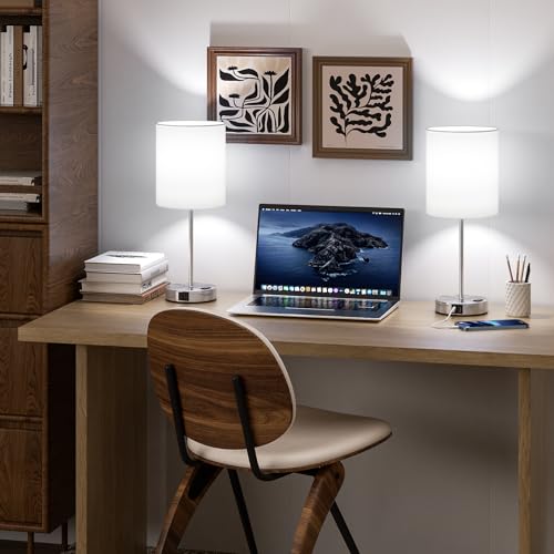 17.6" Silver Touch Lamps for Bedroom Set of 2, Dimmable, USB C+A, AC Outlet | Large 17.6" Tall Lamp, 3-Way Dimming, 5000K Daylight Bulbs, White Lampshade Silver Base, for Living Room, Boys, Men, Girls - color: White - Silver