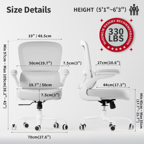TRALT Ergonomic Office Chair Desk Chair with Adjustable Lumbar Support | Desk Chair Comfy with Flip-up Armrests Ergonomic Chair - Mesh Computer Chairs for Adults, 330lbs, PU Leather (White, 1) - color: Angel White, size: Pack of 1