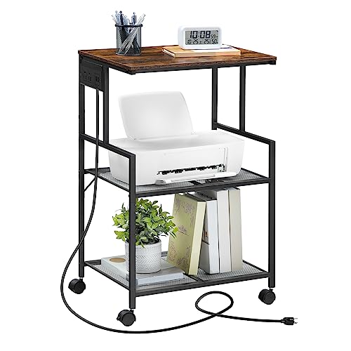 MAHANCRIS Mobile Printer Stand, 3-Tier Industrial Printer Cart with Power Outlets and 2 USB Ports, Rolling Printer Table on Wheels for Home Offices Kitchen Organization Rack, Rustic Brown PTHR78E01 - color: Rustic Brown