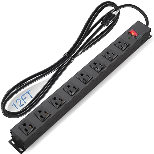 8 Outlet Power Strip Surge Protector, 12 Feet Metal Power Strip Heavy Duty with Switch for Home Office School Shop Garage, Wall Mount with Screw, 2100J 15A 125V 1875W, 14AWG, Black - size: 12ft cord