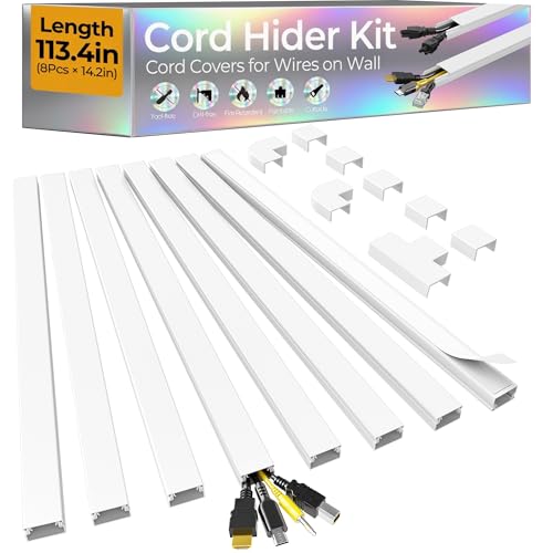 113.4in Cord Hider Kit, Cord Covers for 2-4 Wires on Wall, Self-Adhesive Cable Hider Wire Covers for Cords on Wall, Paintable Cord Hider for Walls Mount Tv, Cable Cover Raceway, W0.95 H0.55in, White - color: White, size: 113.4in L x 0.95in W x 0.55in H