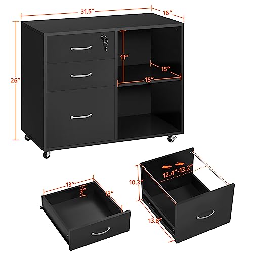 Yaheetech Mobile File Cabinet with Lock, 3-Drawer Printer Stand, Black | Lockable drawer, open shelves, and a printer top organize office files; mobile wood-finish cabinet on wheels, holds 220 lb. - color: Black
