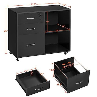 Yaheetech Mobile File Cabinet with Lock, 3-Drawer Printer Stand, Black | Lockable drawer, open shelves, and a printer top organize office files; mobile wood-finish cabinet on wheels, holds 220 lb. - color: Black
