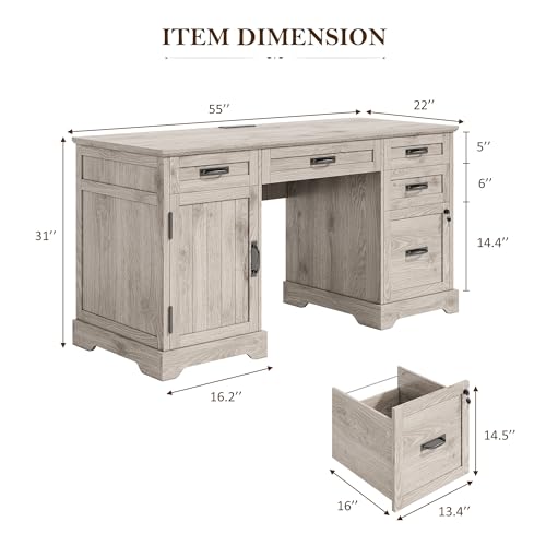 Alohappy 55'' Farmhouse Executive Desk, Home Office Desk with Drawers, Wood Computert Desk with File Cabinet and Power Outlets, Light Wash Gray - color: Light Wash Gray, size: 55''