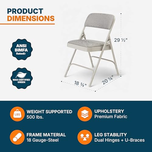 OEF Furnishings OEF2200 Series Heavy-Duty Premium Fabric Padded Upholstery Double-Hinged Folding Chairs (4-Pack, Slate Gray) - color: Grey