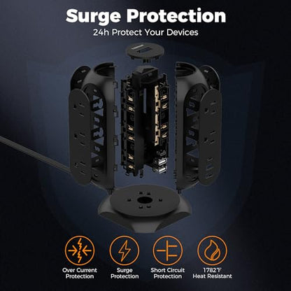 TESSAN Tower Power Strip Flat Plug with 1050J Surge Protection, 6 Ft, Black (Pack of 2) - color: Black, size: 6 Feet (Pack of 2)