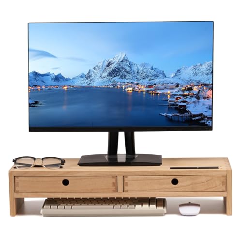 KIRIGEN Solid Wood Monitor Stand with 2 Drawers, Desk Riser, Natural PMJ-NA | Desktop Organizer with Cable Opening and Pen Slots Stores Office Supplies, Supports Up To 50 Lb and Arrives Fully Assembled. - color: Natural