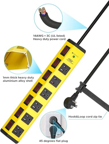 CRST 6-Outlet Metal Power Strip with Individual Switches 15A/1875W, 15FT - color: Yellow, size: 15FT