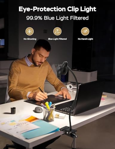 Clip on Light Reading Light for Bed 3 Color Modes Black | 10 Dimmable Brightness Eye Care Clamp Desk Lamp 360° Flexible Desk Book Light for Reading Bed Headboard Computer - color: Black
