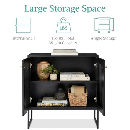 Best Choice Products 2-Door Rattan Storage Cabinet, Accent Furniture, Multifunctional Cupboard for Living Room, Hallway, Kitchen, Sideboard, Buffet Table w/Non-Scratch Foot Pads - Black - color: Rattan, Black